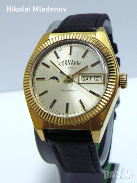 Съветски CORNAVIN/РАКЕТА Позлатен Мъжки ръчен часовник, работещ. Ден/Дата, снимка 1