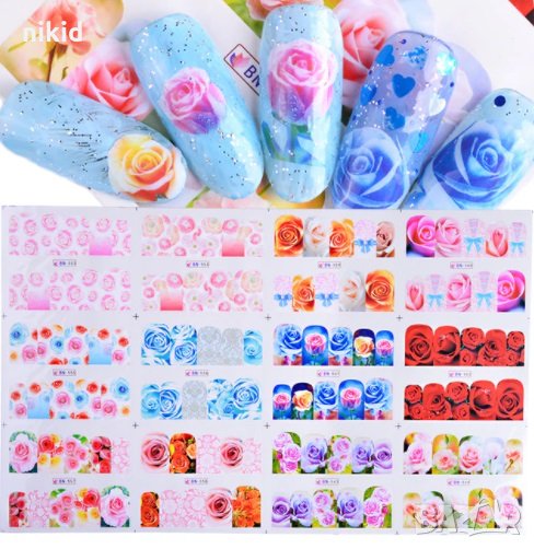 лист 12 в 1 Рози цветя слайдер татос ваденки водни стикери за нокти маникюр, снимка 1