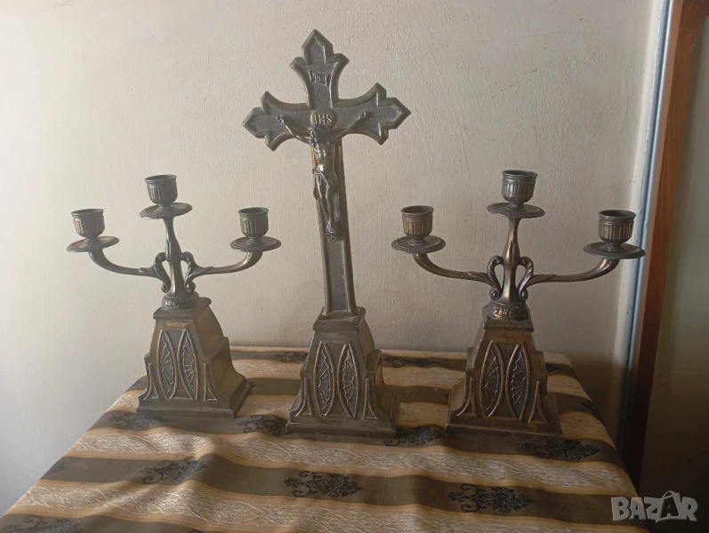 Комплект разпятие,кръст със свещници, снимка 1