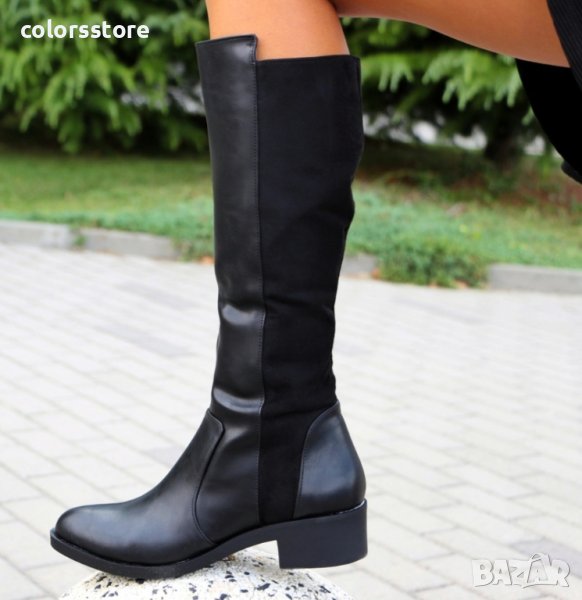 Равни ботуши - черен велур и кожа - K226, снимка 1