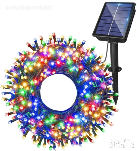 Соларни коледни лампички 10м 100 LED многоцветни 8 програми готов комплект, снимка 1