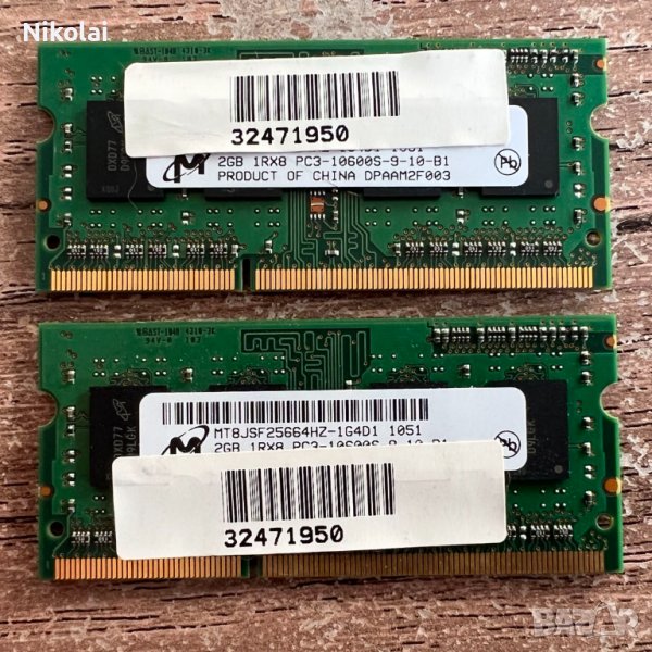 РАМ памет за лаптоп Micron 2 x 2GB DDR3-1333 SODIMM PC3-10600 1.5V Single Rank (кит), снимка 1