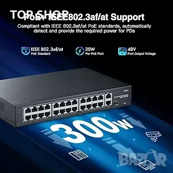 24-портов PoE превключвател, 10/100Mbps PoE+ портове, 2 Gigabit Ethernet Uplink, снимка 2 - Друга електроника - 48764433