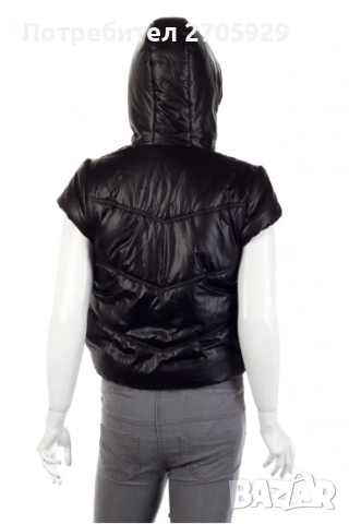 Черен шушляков елек с къс ръкав и качулка, размер S, снимка 2 - Елеци - 51511510