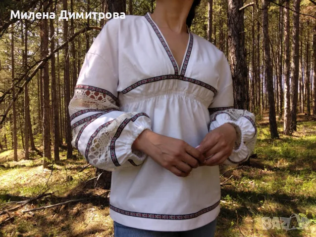 Памучна блуза с етно мотиви и брюкселска дантела 