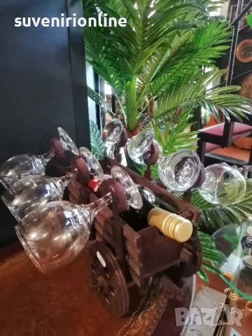 Дървена каруца с бутилка вино и чаши, снимка 2 - Декорация за дома - 37992457