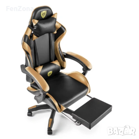 Черен геймърски стол с златисти акценти и разтегляема поставка за крака – луксозен комфорт без компр, снимка 6 - Столове - 54096553