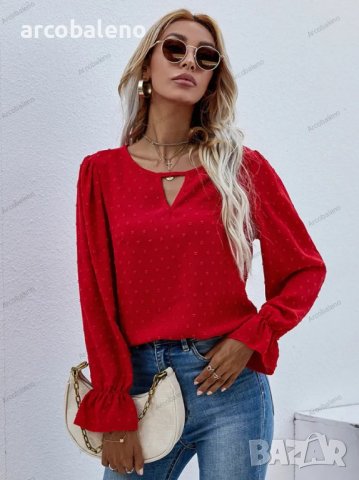 Дамска едноцветна риза с кръгло деколте и дълъг ръкав на точки, 3цвята , снимка 6 - Ризи - 39922661