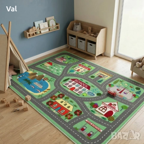 Детски килим за игра 120х160см - Зелен килим с училище и пътища, противоплъзгащ и миещ се