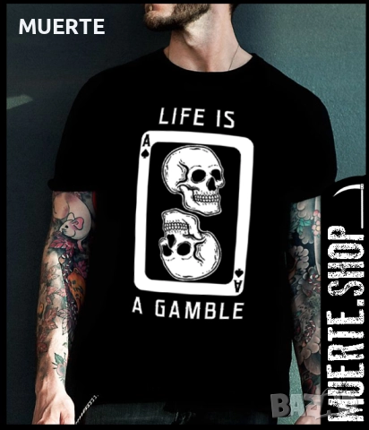 Черна тениска с щампа LIFE IS A GAMBLE