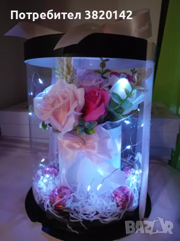 Кутия с букет от рози и бонбони 