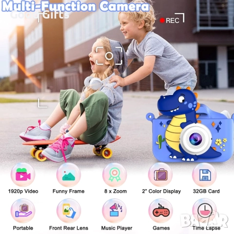 Детска дигитална камера с динозавър – Dual камера отпред и отзад, 1080P видео, 32GB карта, игри и ра, снимка 2 - Фотоапарати - 52937522