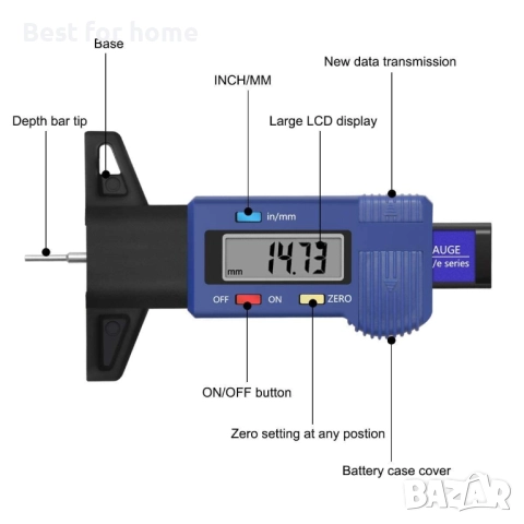  Manovruti манометричен, измервател за гуми,цифров дълбокомер 0–25,4 мм  с голям LCD дисплей, снимка 2 - Аксесоари и консумативи - 52480845
