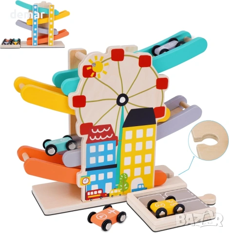 FCSONU Детски Монтесори дървени играчки, кула, 4 мини колички, 4 писти и гараж