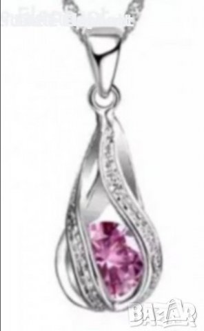 Сребърно колие с ланче капка,pink/ново