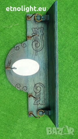 Красива старинна, антикварна, дървена закачалка с рафт, огледало и дърворезба , снимка 3 - Закачалки - 52041454