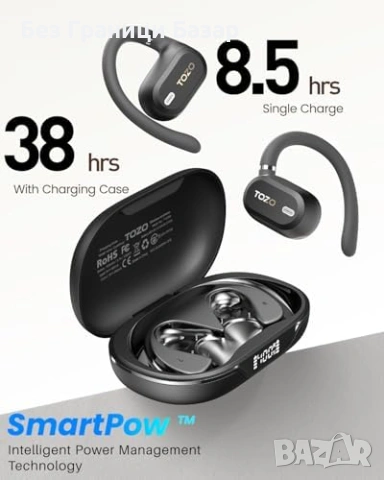 Нови Open Ear Слушалки TOZO 38 Часа Батерия ENC 60ms Дисплей кейс за музика спорт, снимка 6 - Bluetooth слушалки - 54226796