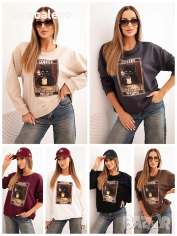 Дамски памучен суитшърт с щампа и текст на котка, 8цвята 