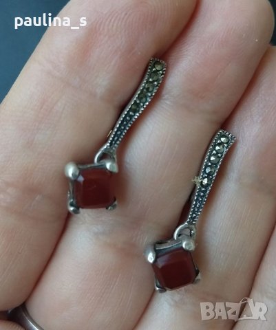 Винтидж / Два чифта / Сребърни обеци с карнеол и марказити и циркони / проба 925 , снимка 3 - Обеци - 37965356