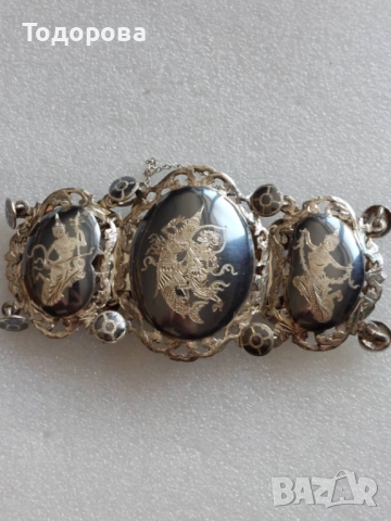 Автентична сребърна 925 гривна(sterling silver)поставени емайлирани плочки-1920 г.отлично състояние, снимка 2 - Гривни - 52847553