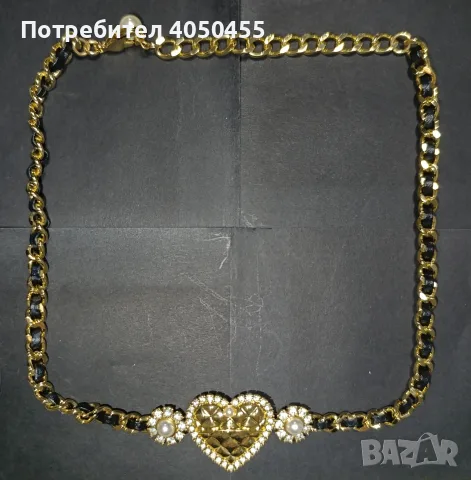 Дамско златисто колие чокър със сърце, перли и черна кожена лента, снимка 2 - Колиета, медальони, синджири - 55801040