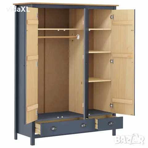 vidaXL Гардероб с 3 врати Hill сив 127x50x170 см борово дърво масив, снимка 4 - Гардероби - 56146486