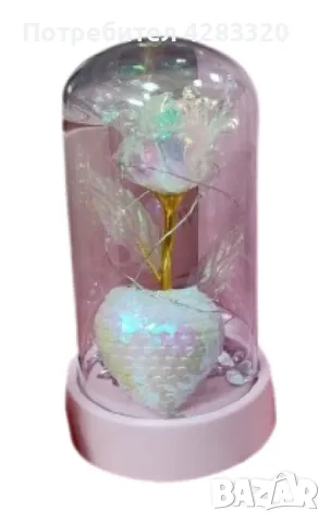 Вълшебна роза под стъклен купол с пайетено сърце и LED светлини, снимка 3 - Подаръци за жени - 48937912