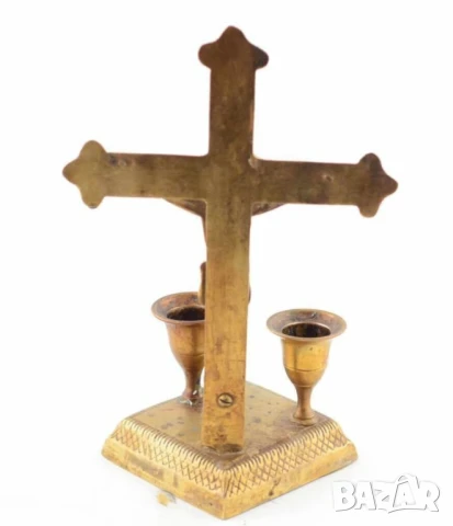 Старинен бронзов настолен кръст с две свещи разпятие Исус Христос, снимка 2 - Антикварни и старинни предмети - 51313992