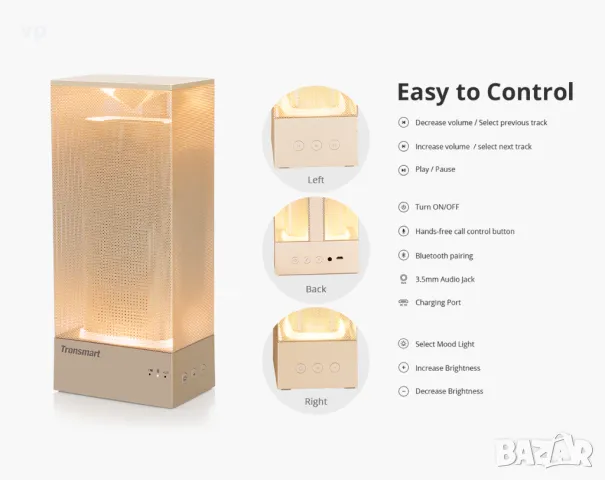Акустична стерео Hi Fi система Tronsmart Beam Bluetooth Speaker тонколона с интериорна нощна L лампа, снимка 16 - Bluetooth тонколони - 48867935