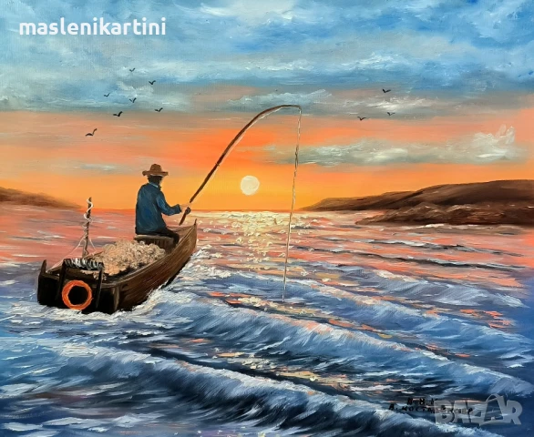 РИБАР В МОРЕТО ПО ЗАЛЕЗ маслена картина , снимка 2 - Картини - 50848463