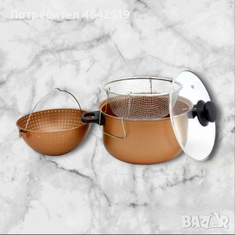 Тенджера с гевгир и кошница за пържене Voltz, 24*12.5см., Меден\въгл. стомана с незалеп. покр., снимка 7 - Съдове за готвене - 52407171