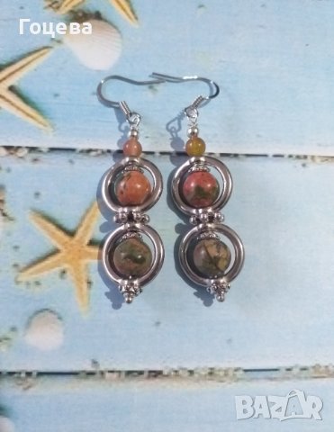 Новият ни Бохо комплект бижута обици и колие с камъни Унакит и Жадеит и орнаменти в цвят Сребро , снимка 2 - Бижутерийни комплекти - 38194741