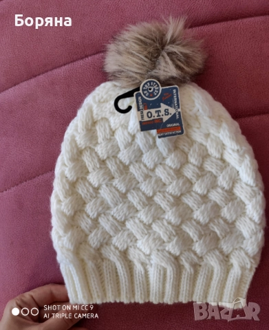 OTS Original нова бяла зимна шапка с еко пух, снимка 7 - Шапки - 52416020