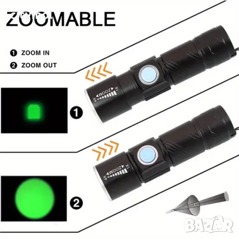 Фенер със зелена светлина, ZOOM функция, USB зареждане, снимка 4 - Оборудване и аксесоари за оръжия - 47624659