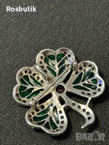 Разкошен сребърен медальон/ брошка с естествени рубини и зелен емайл , снимка 6 - Колиета, медальони, синджири - 53267032