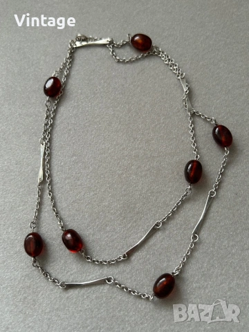 Старинно немско сребърно колие с естествени кехлибари 