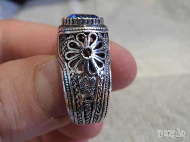 стар голям османски величествен пръстен с филигран син камък, турски сребро, снимка 4 - Пръстени - 29453542