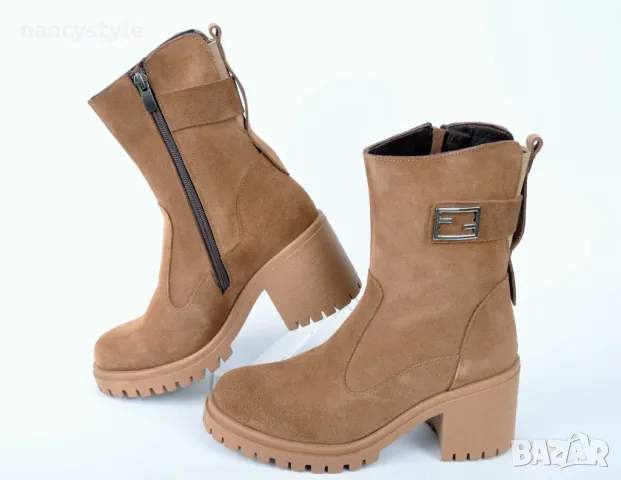 ЗИМА '25! Кафяви дамски боти от естествен велур на ток