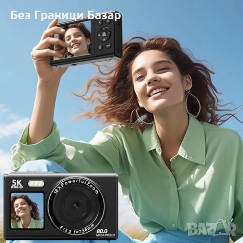 Нова Цифрова камера 5K 80MP с 18X зуум карта памет 32GB черна за влог, снимка 3 - Камери - 52154381
