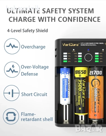 Универсално зарядно VariCore VCQ4 3.7V Lithium 18650 26650 21700 18500 18350 1.2V NI-MH Ni-Cd AA AAA, снимка 4 - Друга електроника - 53957963