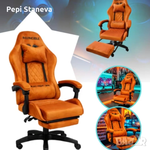 Оранжев велурен геймърски стол с поставка за крака – ергономичен, метална рамка, снимка 5 - Друго - 53334457
