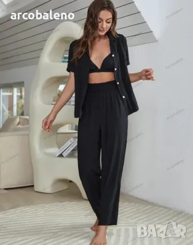 Ежедневна дамска едноцветна пижама от три части, 3цвята , снимка 8 - Пижами - 48634759