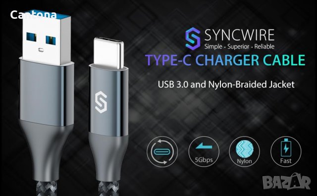 Syncwire USB 3.0 към Type-C кабел, бързо зареждане и синхронизиране, найлонова оплетка - 180 см, снимка 2 - USB кабели - 40198882