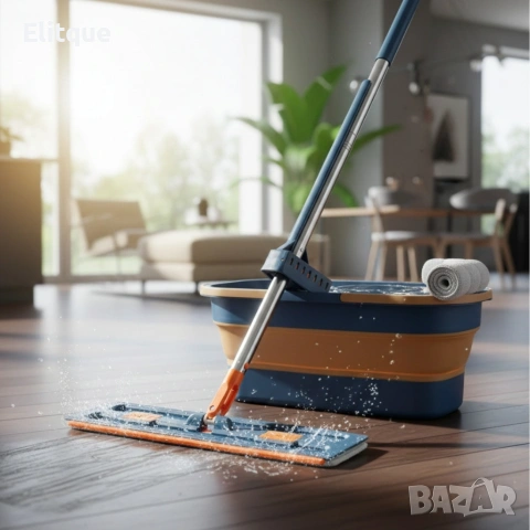 Комплект моп с 360° въртене и сгъваема кофа – Професионално и безконтактно почистване у дома