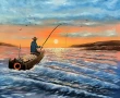 РИБАР В МОРЕТО ПО ЗАЛЕЗ маслена картина , снимка 2
