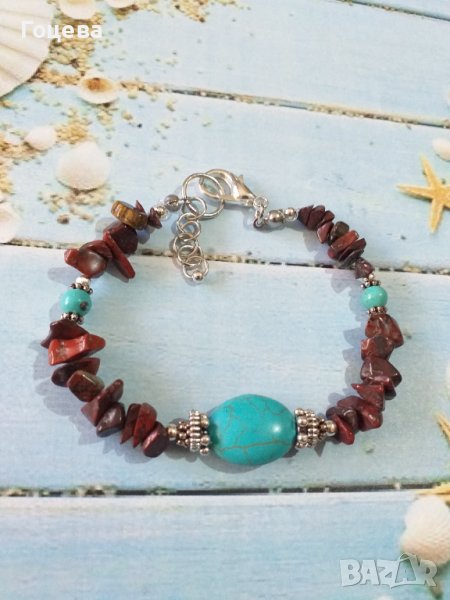Прекрасна Бохо гривна с Тюркоази и камъни червено Тигрово око и орнаменти в цвят Сребро стил Антик , снимка 1