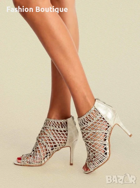 Сребристи сандали на ток, снимка 1