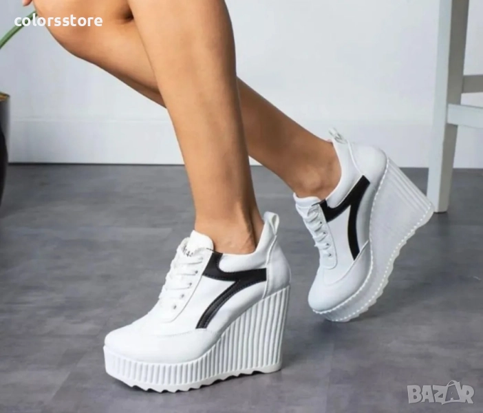 Кецове на платформа - бяла кожа с черна лента и бяло ходило - NO4 , снимка 1