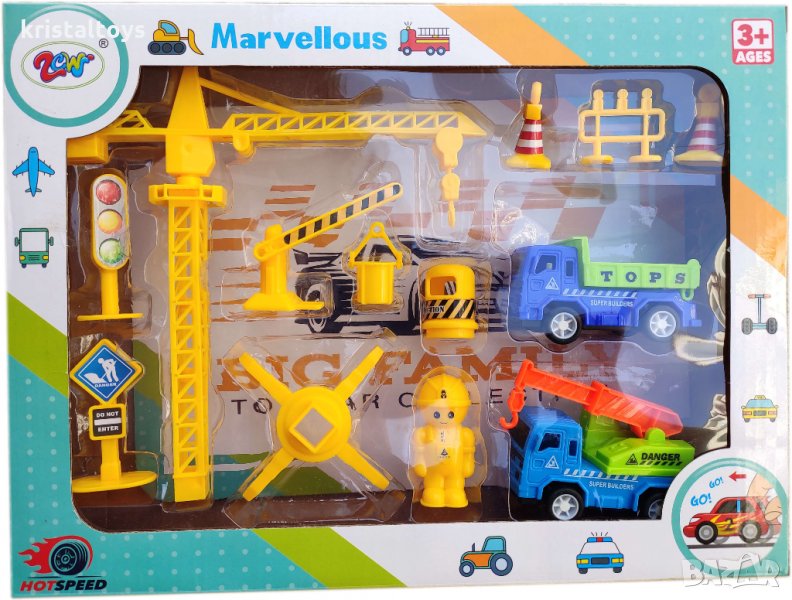 Строителна площадка с кран, камиони и аксесоари, снимка 1