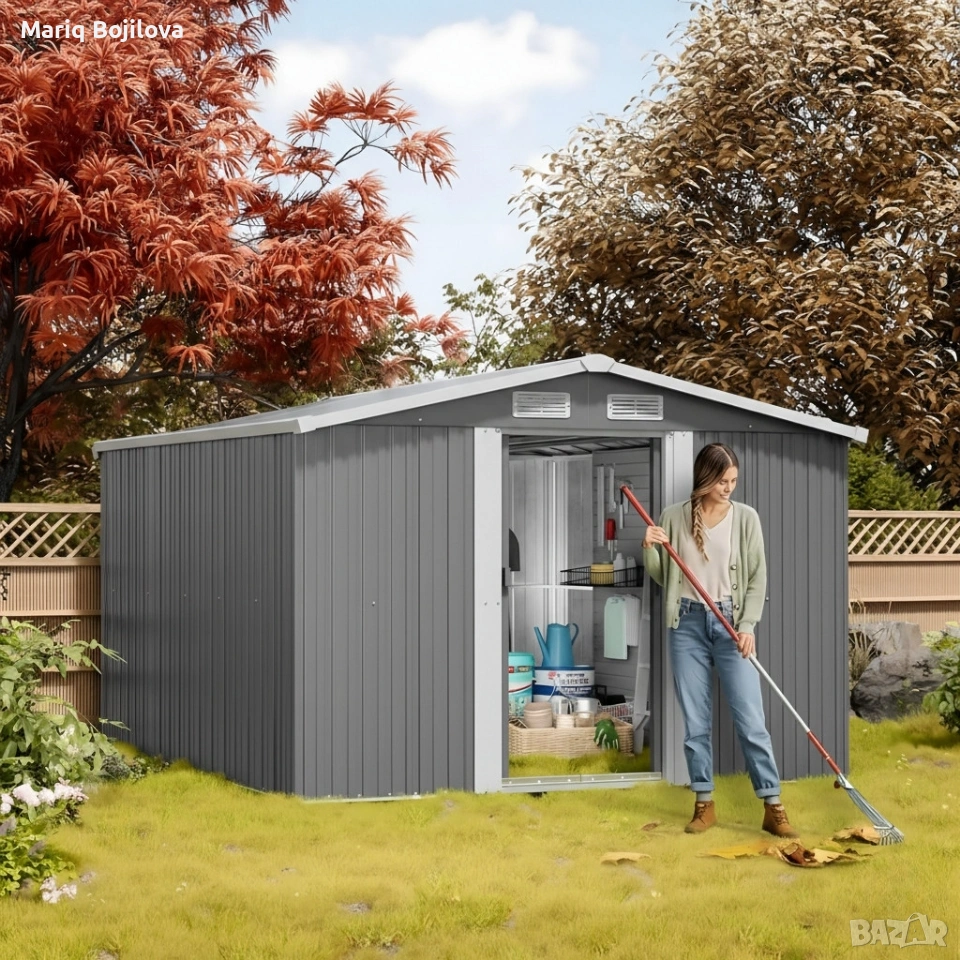 Метална градинска къща за инструменти с вентилация и заключване - 277 × 299 × 192 см, снимка 1
